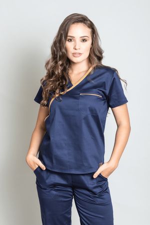 Scrub Feminino Sarja Marinho Com Viés Dourado